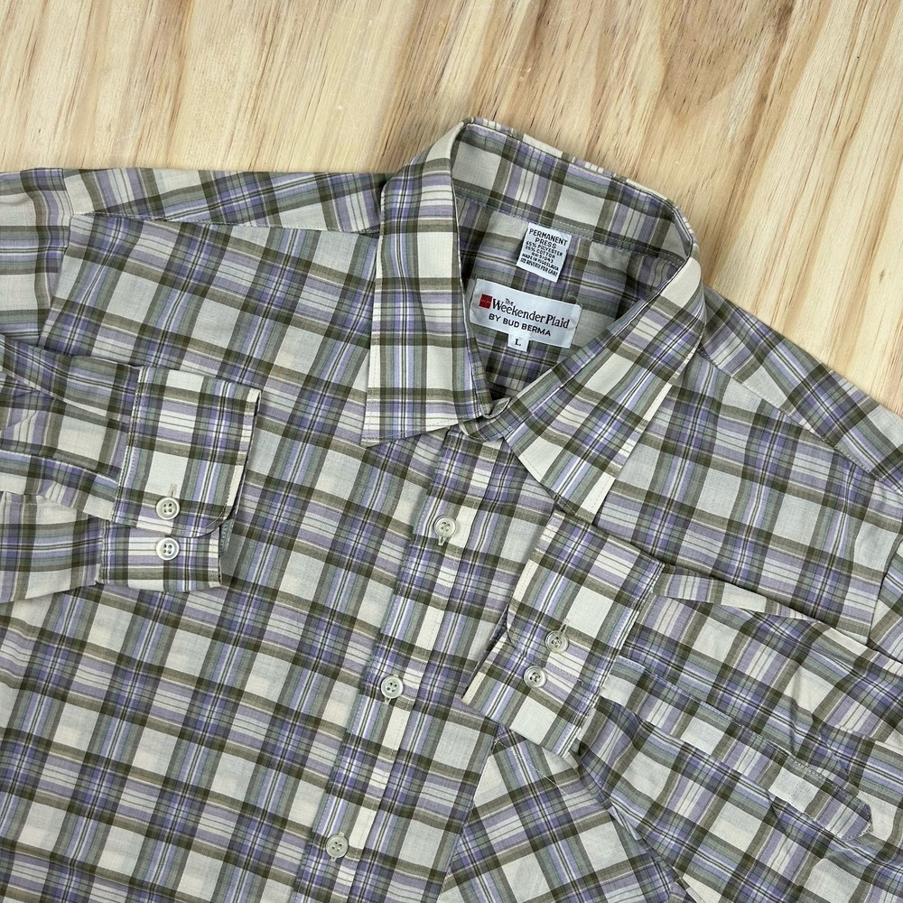 VTG Weekender Plaid Bud Berma Large Perm Press Plaid Rockability Purple Green‎